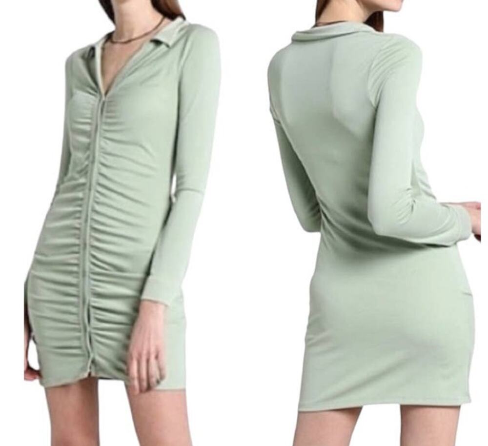 Topshop dress long sleeve ruched green size 10